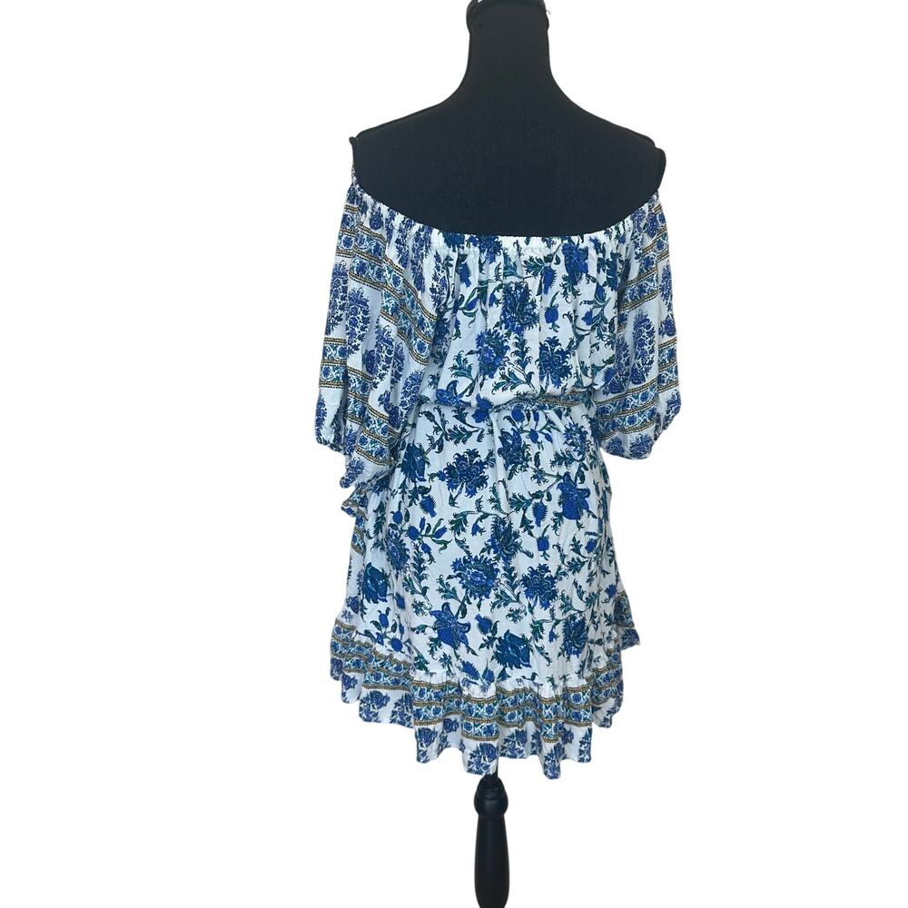 Nicole Miller Blue Floral Peasant Mini Dress LARGE Cottage Ruffle Designer $200 - Picture 2 of 6